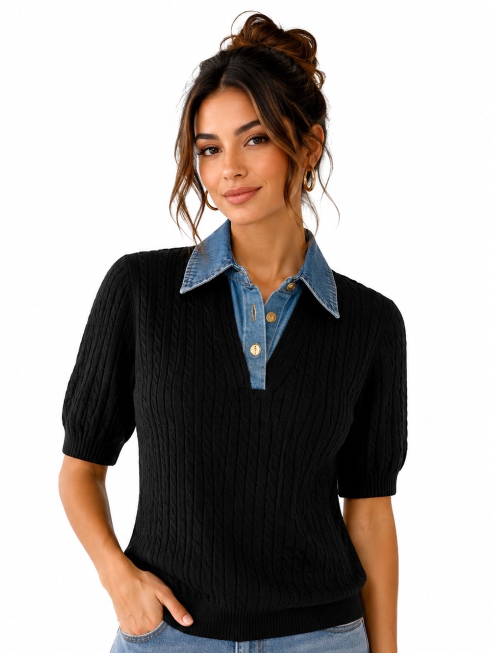 532.New Black Cable-Knit Polo Sweater with Denim Trim